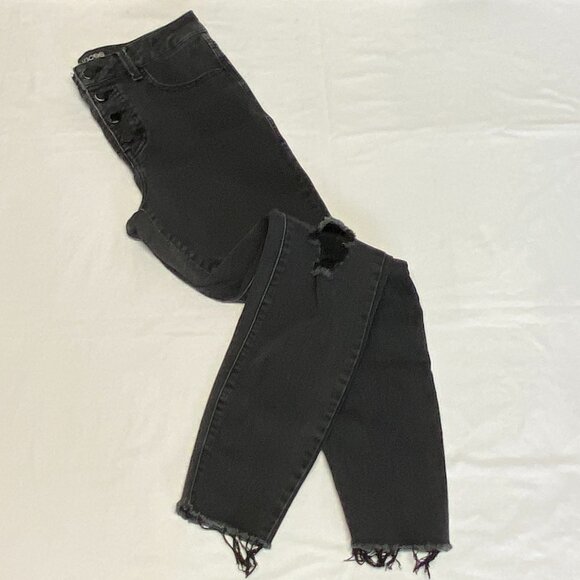 Maurices Everflex High Rise Skinny Button Fly Distressed Black Jeans 8 Raw Hem - Picture 8 of 13
